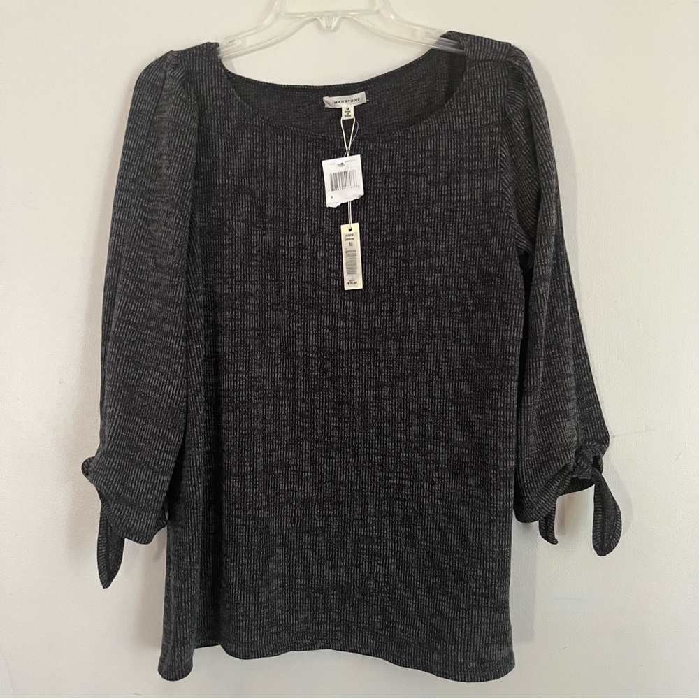 Max Studio Grey and Black Tie-Sleeve Top